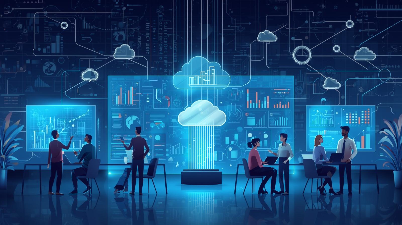 People collaborating around screens showing data and cloud technology.